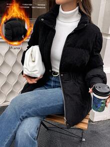 SHEIN LUNE Damen Lässig Pendler einfarbige Reißverschluss-Steppjacke, warm gefüttert, Winter - Schwarz - Übersicht 6