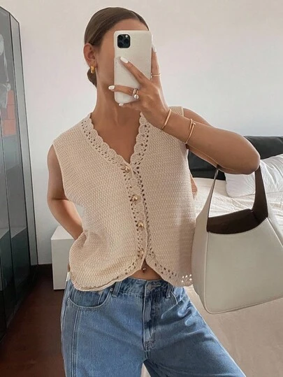 Siren Gaze 女士纯色单排扣 V 领休闲针织背心