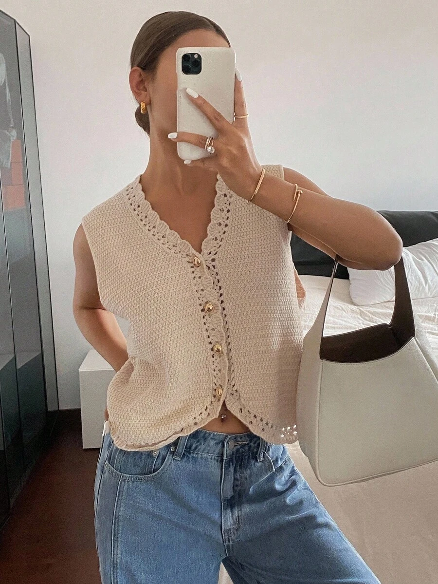 Siren Gaze 女士纯色单排扣 V 领休闲针织背心