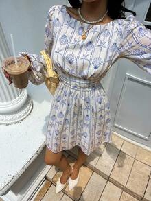 SHEIN Frenchy Women's Starfish & Shell Print Lantern Sleeve Mini Dress,Elegant White And Blue Autumn Vacation Holiday Casual Ruched Waist French Wedding Guest Dress - Blue and White - View 6