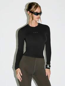 KIZN Seamless Long Sleeve Crew Neck Fitted Top Form Hugging Essential Basic Fall Winter Layering Silhouette Minimalist Everyday Staple Wardrobe - Black - View 5