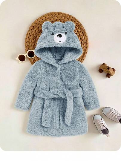SHEIN Baby Boy Cartoon Embroidery 3D Ear Design Hooded Belted Teddy Sleep Robe