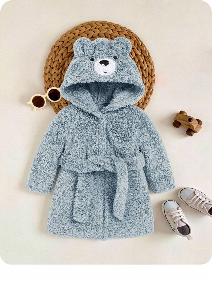 SHEIN Baby Boy Cartoon Embroidery 3D Ear Design Hooded Belted Teddy Sleep Robe - Blue - View 1