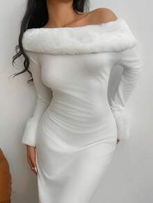 SHEIN EZwear Women's New Autumn/Winter White Knitted Patchwork Fuzzy Shoulder Long Dress For Going Out Outfits - White - View 3