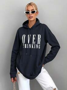 EURMUSE Cotton Letter Graphic Pocket Drop Shoulder Drawstring Hoodie - Black - View 3