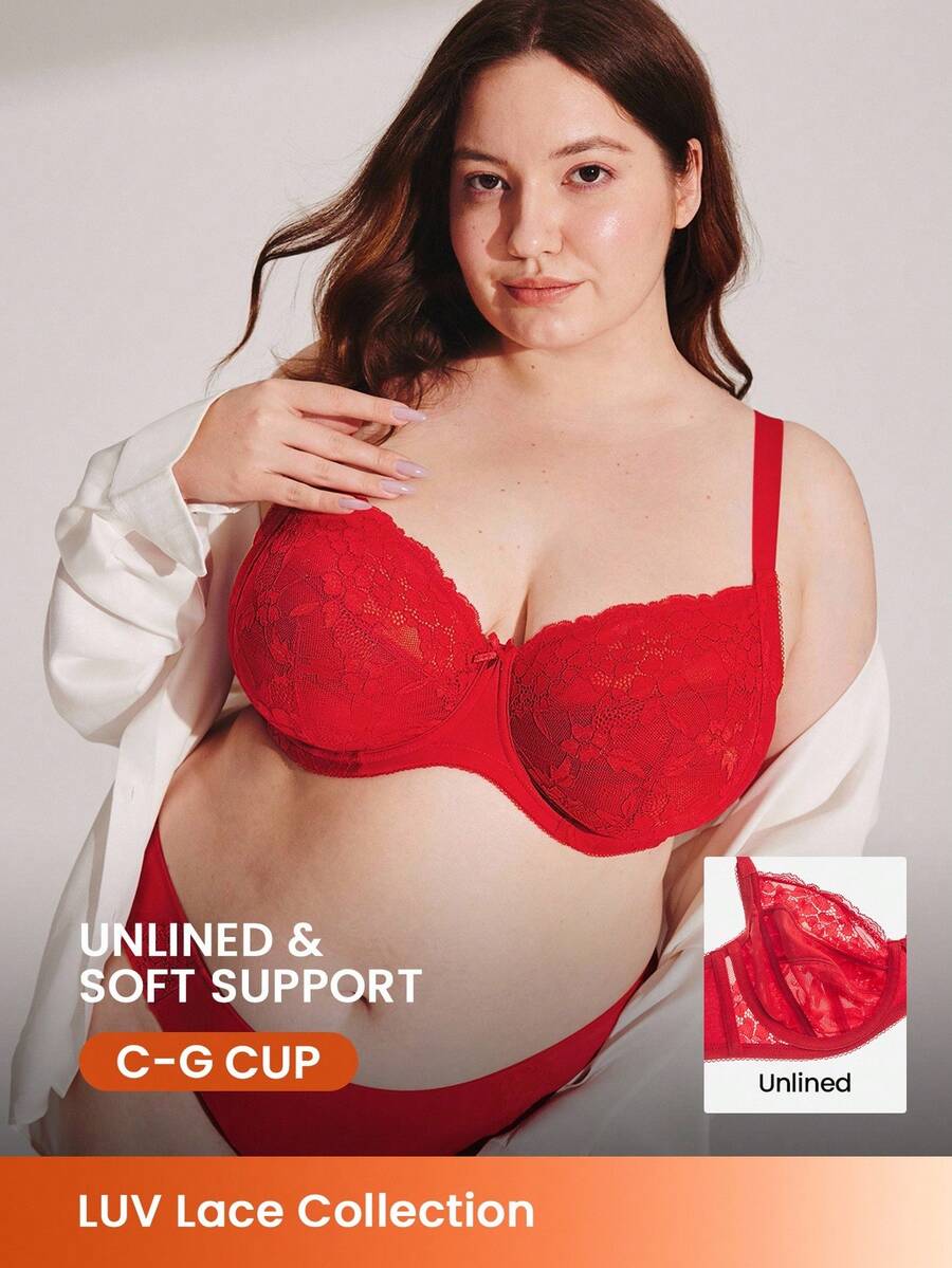 LUVLETTE Plus Christmas & New Years Full Coverage Support Breathable Underwire Red Mesh & Lace Elegance Bra Bridal Intimates - Red - View 1