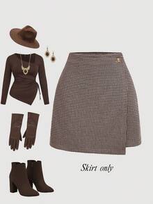 SHEIN MOD Jupe portefeuille casual à carreaux pied-de-poule grande taille, jupe rétro pour fête de Noël, jupe marron, automne, Thanksgiving, jupe en tweed/hiver