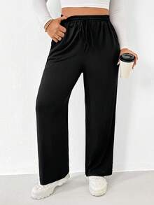 Shapeblank Plus Size Women's Apple-Shaped Body Black Lightweight & Breathable Ice Silk Knit Jogger Pants, Black Pants, Skin-Friendly Smooth Fabric, Solid Color Casual Loose Fit With Pockets & Drawstring Waist, Airport Outfit, Winter Pants For Women, Casual Outfits For Women