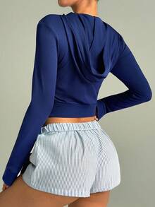 Dewbera 女式休闲拉链连帽运动夹克，秋季 - 藏蓝色 - 查看 2