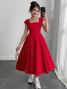 青少年女孩优雅无袖宽肩带褶饰喇叭长红色连衣裙、圣诞连衣裙、新年连衣裙、派对连衣裙、女孩正式连衣裙 - 紅色 - 查看 6