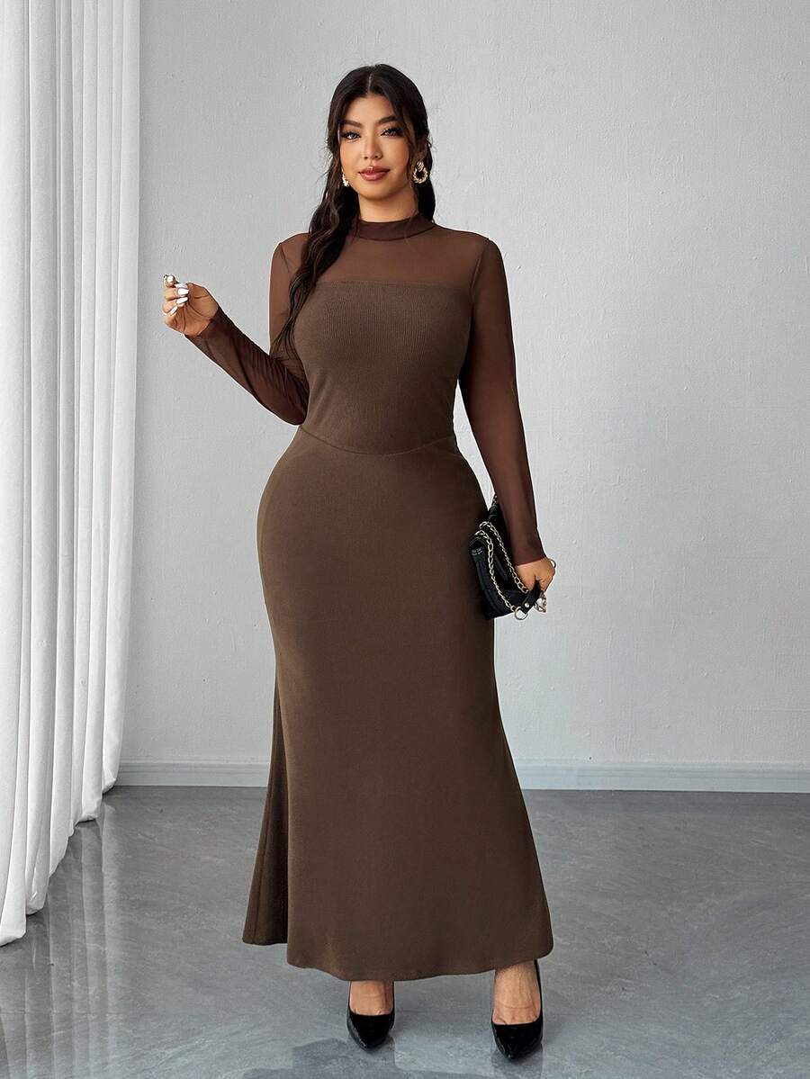 Elenzga Vestido de talla grande para mujer, elegante y romántico, con parches de tela, cuello alto, ajustado a la cintura y con bajo de cola de pez, para primavera/otoño - Café integral - Ver 1