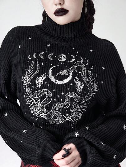 Goth pull femme col montant noir gothique sombre, mystérieux avec motifs d'étoiles, de lune, de peau de serpent et de plantes brodés