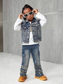 SHEIN 年轻男孩时尚复古设计做旧复古水洗撕破毛边拼接高弹力修身蓝色牛仔裤，带工装口袋，休闲百搭，适合儿童秋冬户外服装 - 中等水洗藍 - 查看 4