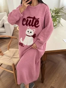DAZY 宽松针织猫咪印花睡裙，女士秋冬睡衣连衣裙，宽松睡裙 - 粉色 - 查看 8