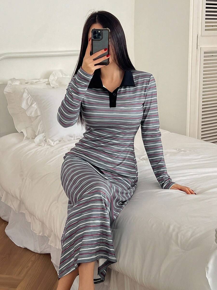 DAZY 条纹丝绒面料撞色领拼接长腰收腰女士家居服睡衣连衣裙，冬季 - 灰色 - 查看 1