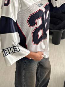 StreetHx Women's Loose Y2K Streetwear Colorblock Numeric Print Mesh Jersey Short Sleeve Top, Spring/Summer