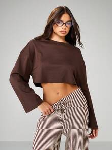 MISSGUIDED 宽袖短款休闲上衣秋季家居服宽松休闲落肩棉混纺舒适冬季休闲服 - 棕色 - 查看 4