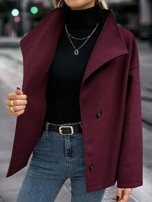 EMERY ROSE Women's Fashionable Stand Collar Overcoat, Autumn/Winter - Burgundy - View 4