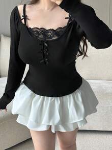 Dazy Plus 撞色蕾丝紧身性感蝴蝶装饰黑色长袖T恤