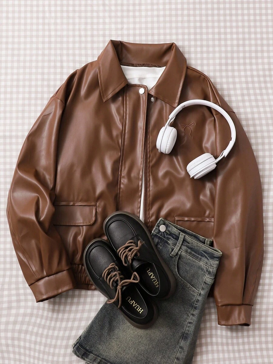 Teen Girls' Casual Loose Fit Khaki PU Jacket, Versatile For Commute And Daily Wear - Brown - View 1