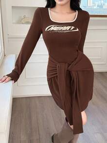 Feyla Women's Letter Print Trim Square Neck Long Sleeve Tie Waist Fitted Mini Dress - Brown - View 4