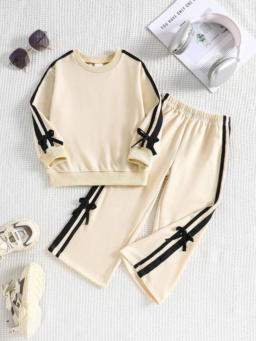 SHEIN Genkimix Kids 2pcs/Set Setelan Sweatshirt Kasual Anak Perempuan, Atasan Lengan Panjang Pita dan Celana Pita, Musim Semi/Panas - Aprikot - View 1