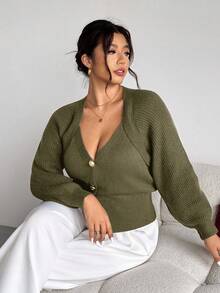 Firerie Áo khoác cardigan dệt kim tay dài cài nút phía trước màu trơn cỡ lớn cho mùa thu/đông - màu xanh lá - Xem 3