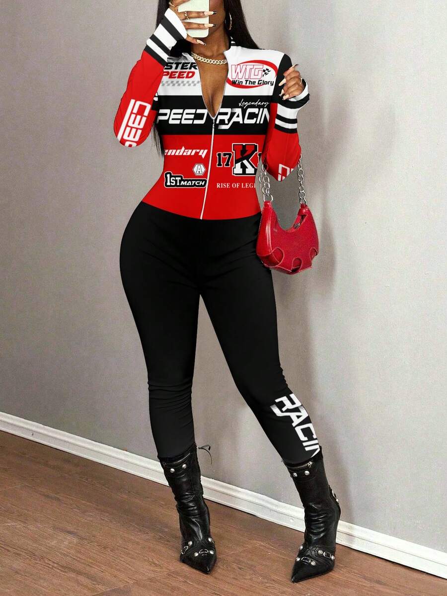 Slaydiva Luźny, sportowy kombinezon inspirowany wyścigami, z długim rękawem i golfem, zapinany z przodu na zamek błyskawiczny, odpowiedni na jesień/zimę, sezon wyścigowy i sportowy