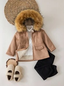 SHEIN Babygirl Cute Casual Fleece Hooded Jacket, Versatile For Autumn/Winter