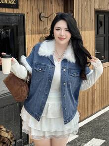 Rivivi Winter Plus Size Women's Denim Sleeveless Jacket, Autumn/Winter, Faux Fur Collar Fluffy Decor, Light Blue Washed Denim Jacket, Cowboy Jacket - Medium Wash - View 4