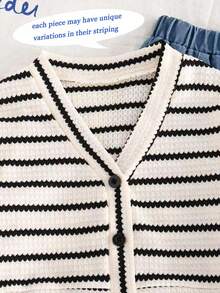 Genkimix Kids 2 件套幼儿女童秋季新款服装，条纹针织开衫夹克和休闲直筒蓝色牛仔裤，时尚简约 - 彩色 - 查看 8