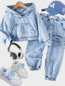 Sparklyn Young Girl Denim Set, Casual Personalized Fashion Denim Hooded Sweatshirt + Loose Pocket Cargo Pants With Belt, Cool Stylish 2-Piece Outfit, Blue, Suitable For Daily, Casual, Holiday Fall Winter - Blue - View 3