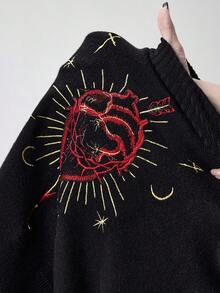 ROMWE Goth Suéter de cuello alto con bordado de corazón gótico y luna estrellada