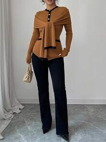 Rafferiza Women's Autumn And Winter Brown Commuting Round Neck Straight Shoulder Long Sleeves Contrast Color Slim Fit Stretch Knitted Cardigan, Winter Fall Autumn Fall New Year Thanksgiving Party Wedding Elegant - Multicolor - View 3