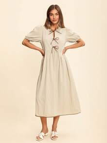 Coeurva Vestido midi formal elegante de verano para mujer, ajustado al Body, que afina la cintura, con decoración de lazo - Albaricoque - Ver 5