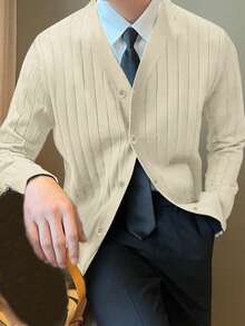 Calvornis Men's Casual Ribbed Knit Button-Front Cardigan, Autumn/Winter - Beige - View 4