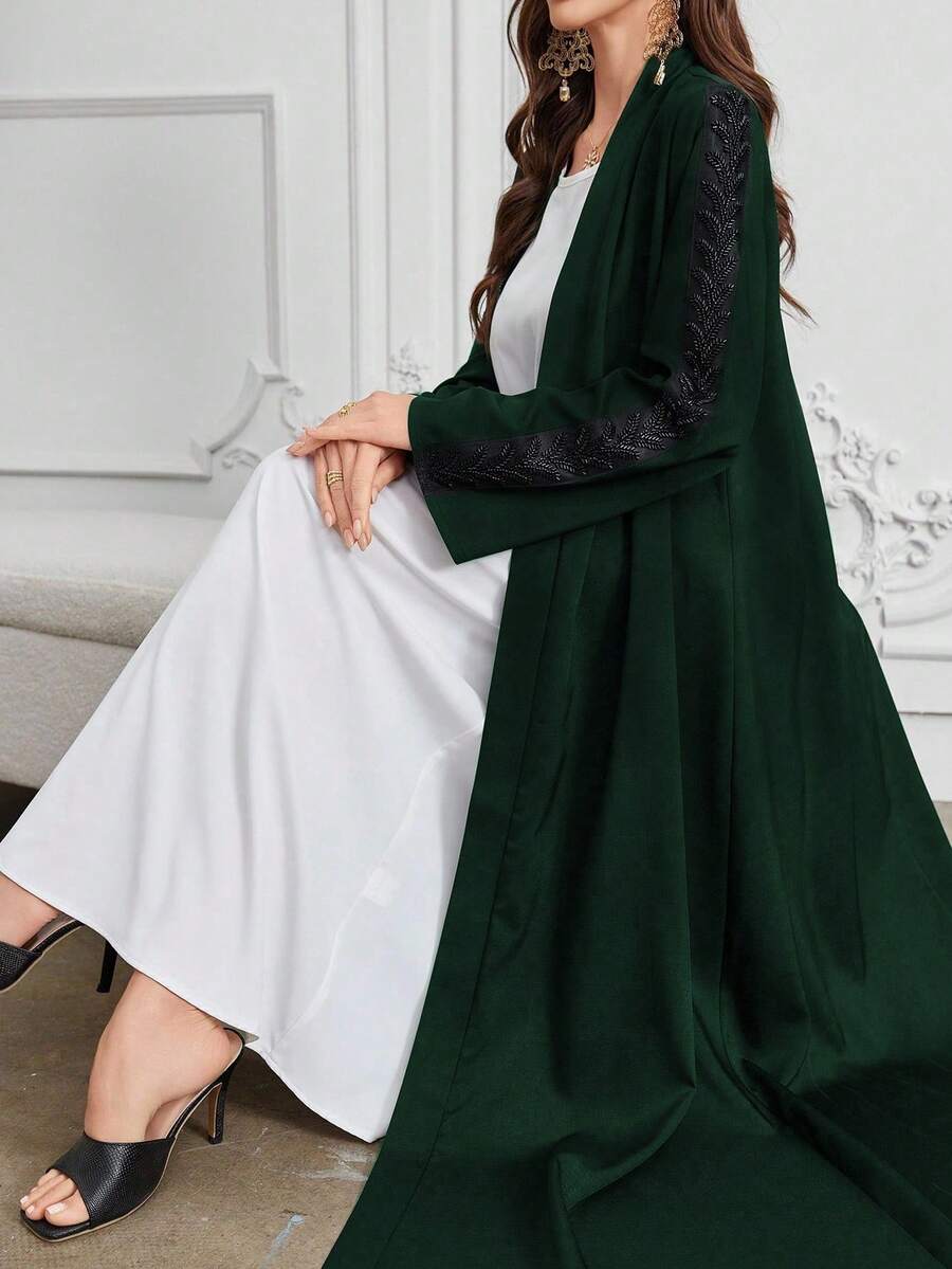 Al Najma 2025 Spring/Summer New Solid Color Long Sleeve Loose Rhinestone Abaya For Women - Dark Green - View 1