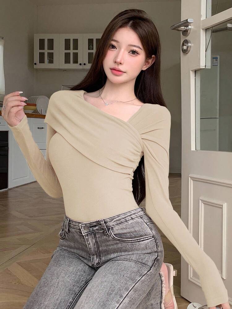 Women's Elegant Asymmetric Shoulder Solid Color T-Shirt, Autumn Long Sleeve Top