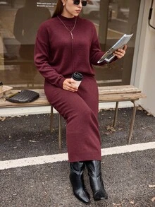 Easura 2pcs Plus Size Set, Casual Loose Collar Dropped Shoulder Sweater And Skirt Suit