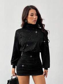 SHEIN PETITE Váy ngắn xếp ly tay đèn lồng thanh lịch dành cho nữ, váy cổ lọ bó sát, vải có họa tiết, đi làm, tối giản, công sở, phong cách cổ điển, đơn giản, thu/đông, - màu đen - Xem 7
