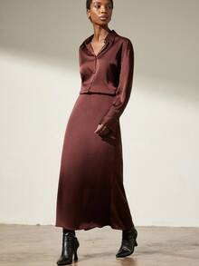 Aveloria Modichic 2 件醋酸纤维缎面长袖衬衫和美人鱼下摆裙套装，优雅 - 棕色 - 查看 5