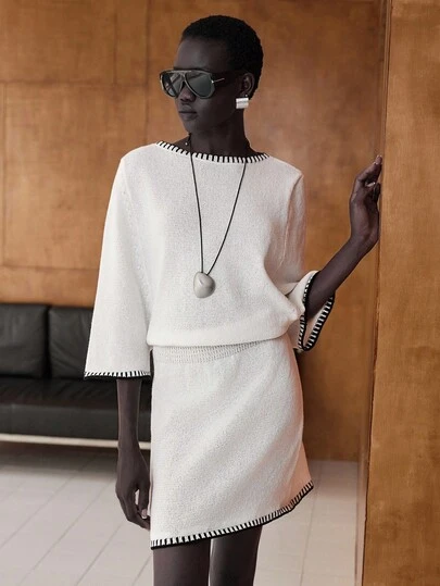 Lumivelle Women's Autumn/Winter Off Shoulder Contrast Trim Midi Dress