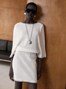 Lumivelle Women's Autumn/Winter Off Shoulder Contrast Trim Midi Dress - White - View 4