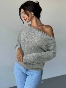 Firerie Women's Elegant Casual Versatile Textured Yarn Off-Shoulder Loose Sweater, Long Sleeve Top, Suitable For Spring, Summer, Autumn And Winter,Cozy Fall And Winter Clothes For Women