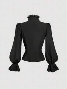 SHEIN MOD Blusa elegante da donna con colletto alto, maniche a volant e pizzo a contrasto, vestibilità slim, autunnale - nero - Visualizzare 2