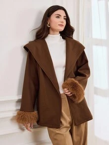 Miaspire Women's Elegant Wool Blend Hooded Cardigan Coat With Belt, Deep Brown, Fuzzy Cuffs, High-Quality Silhouette Autumn Winter Clothes For Women - Brown - View 7