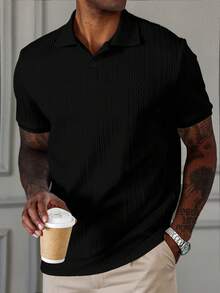 Manfinity CasualCool 男式白色几何条纹纹理面料休闲 Polo 衫 - 黑色 - 查看 5