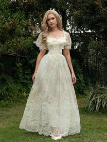 SHEIN MOD Apricot Dreamy Romantic Elegant Lace Patchwork Satin Dress With Ruffled Hem And Bow Accents, Suitable For Dates, Parties, Holidays, Tea Parties, Birthday Occasions,Easter Dress Women,Prom Dress,Summer Clothes,Vacation Outfits Women,Wedding Guest Dress Women,Formal Dresses For Women,Graduation Dress,Birthday Dresses For Women - Apricot - View 2