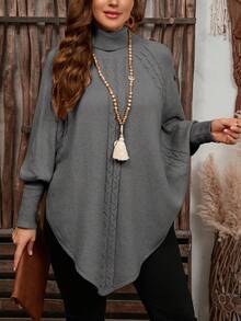 EMERY ROSE Women's Solid Color Knitted Button High Neck Batwing Long Sleeve Cape Style Fitted Elegant Sweater, Autumn/Winter - Grey - View 6