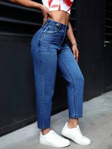 SHEIN PETITE 女式高腰口袋保暖内衬锥形休闲牛仔裤 - 藍色 - 查看 2